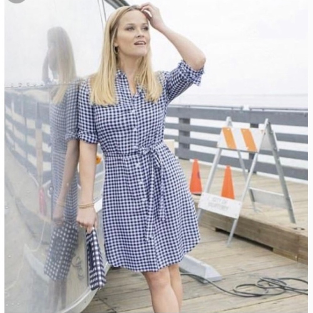 Draper James Blue and White Gingham Midi Shirt Dress